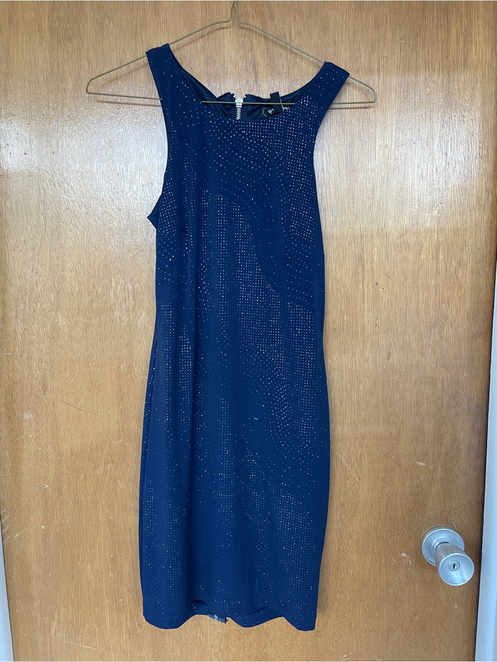 Speechless Navy Sleeveless Sparkle Sheath Dress